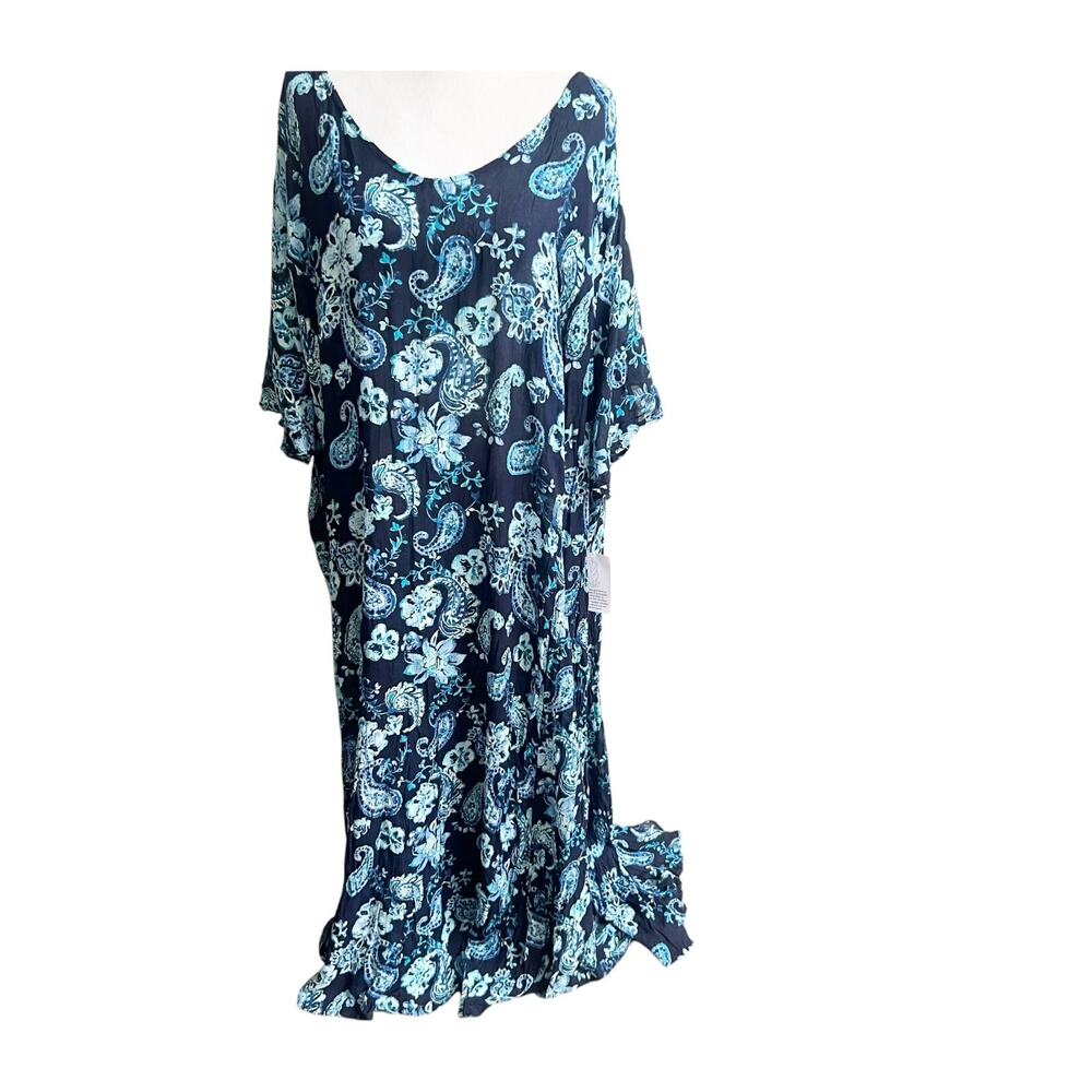 Roaman's Maxi Dress Women's 6X Blue Floral Paisley Kimono Sleeve Resortwear